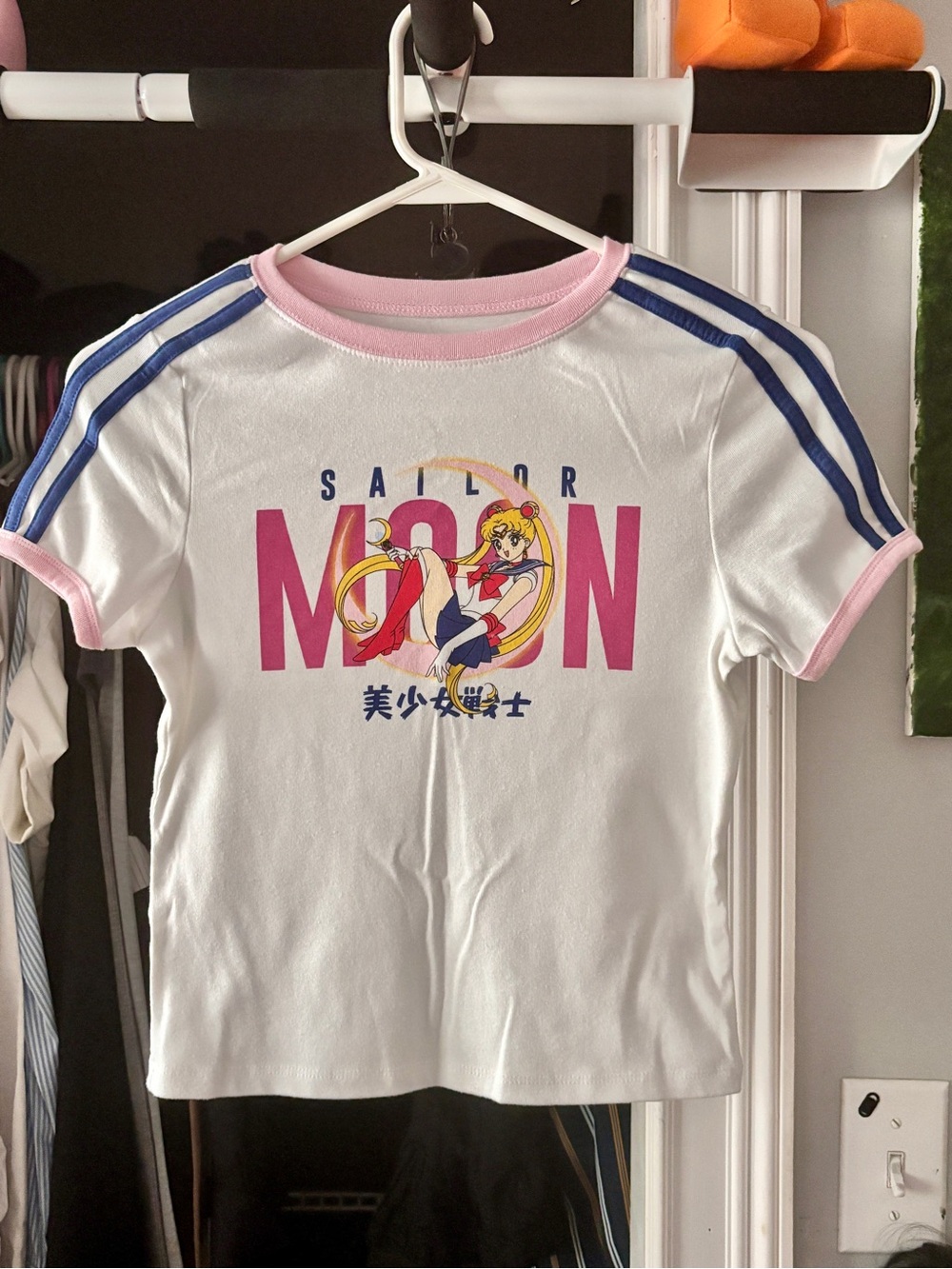Hybrid Apparel White Tee with Pink Trim & Blue Stripes — Sailor Moon Graphic
